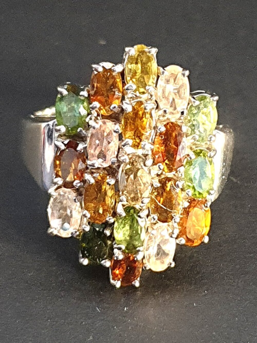 Vintage Chinese 925 Sterling Silver Multi-Gemstone Cluster Statement Ring